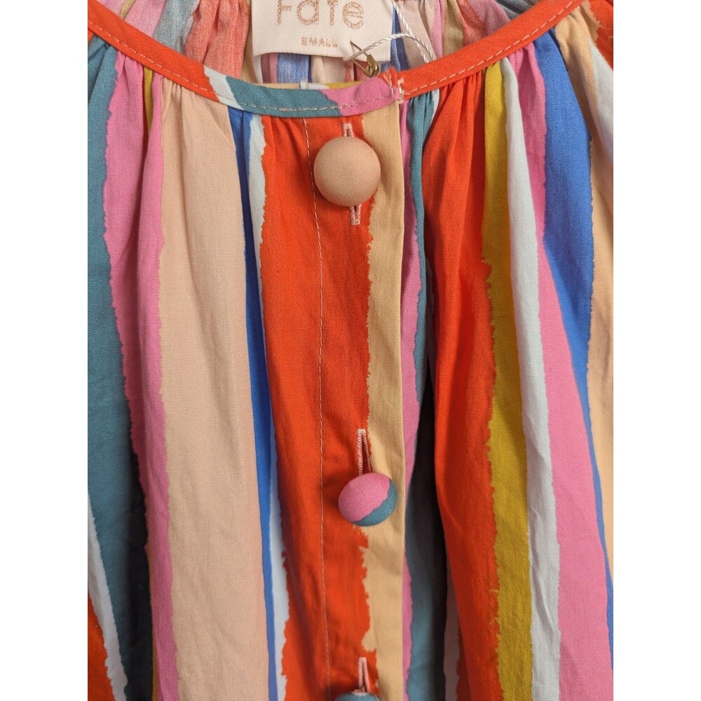 FATE Rainbow Stripe Balloon Sleeve A-line Dress Cotton Mini S Colorful Boho Fun - Picture 7 of 14